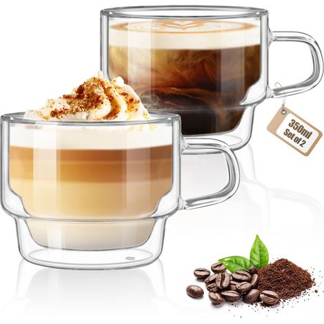 Lot de 2 Tasse à Café Double Paroi 350ml Verre Borosilicate Empilable avec Poignée pour Cappuccino Thé Lait (1/5)