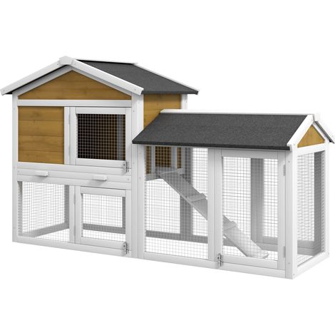 Wooden Rabbit Hutch Outdoor, Double Tier with Water-Resistant Roof, Ramp 147 x 54 x 84 cm, Yellow (1/5)