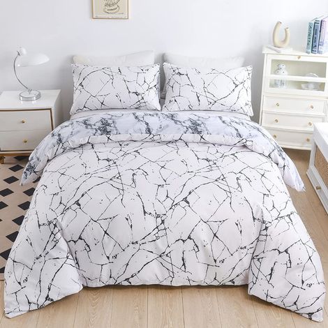Parure de lit 2 pièces avec housse de couette 155 x 220 cm et 1 taie d'oreiller 80 x 80 cm avec fermeture éclair - Motif marbré - Blanc et noir - Parure de lit réversible (1/5)