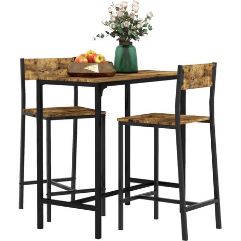 Ensemble bar 3 pièces, table haute, 2 chaises, MDF, structure en métal, imperméable, marron