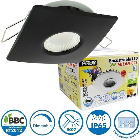 Arum Lighting – Spot encastrable LED 8W – CCT 2700K-4000K – IP65 IK07 – Collerette carrée noire – Transformateur dimmable