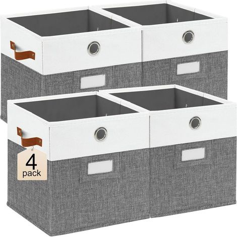 Lot de 4 bacs de rangement cubiques de 27,9 x 28,9 cm, pliables avec étiquette, anneau de traction en métal et poignées en cuir (gris/blanc) (1/5)
