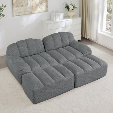 Canapé Modulaire 2 Places avec 2 Poufs, Mousse 32D Haute Densité, Design sans Structure, Salon, Tissu Doux, Antidérapant, Gris (1/5)