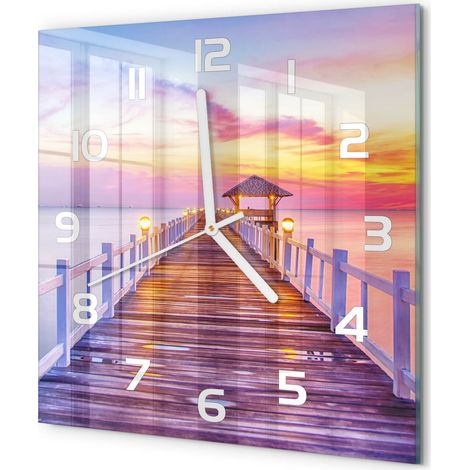 Horloge Murale Carrée Objet Décoratif en Verre Silencieuse pour Salon Pont en bois 30x30 cm