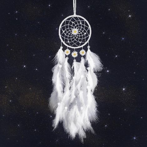 Attrape-rêves blanc artisanal, marguerites, plumes, perles, déco murale bohème pour fenêtre, bureau, cadeau unique anniversaire, cré (1/5)