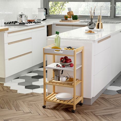 Chariot de service desserte de cuisine à roulettes 3 étagères + plateau amovible bois de pin MDF blanc - Modèle