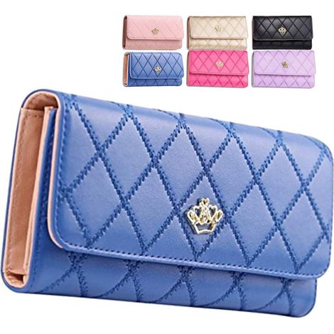 Portefeuille en cuir PU Lady Money Long Fashion Crown (Bleu),