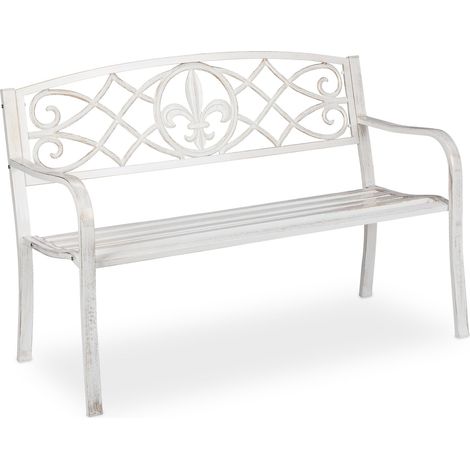 Relaxdays Panchina da Giardino, Panca da Esterno in Metallo, con Schienale in Ghisa, HLP: 86 x 127 x 57cm, Bianco Bronzo (1/5)