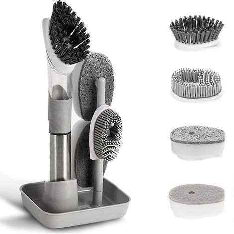 Brosse à vaisselle avec distributeur de savon et 4 têtes de rechange, support de rangement pour vaisselle, casseroles, poêles et évier - Gris (1/5)
