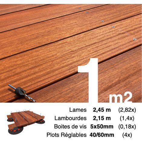 Kit complet terrasse bois exotique PADOUK pour 1 m² • Lames 2,45 m, lambourdes 2,15 m, plots réglables et visserie Inox (1/4)