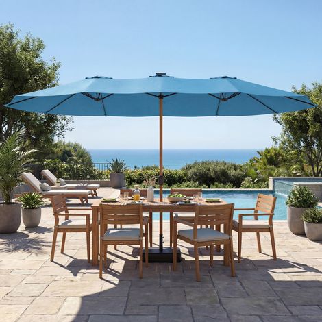 Parasol double de jardin 5 x 3 m avec pied inclus, manivelle, protection UV, bleu (1/5)
