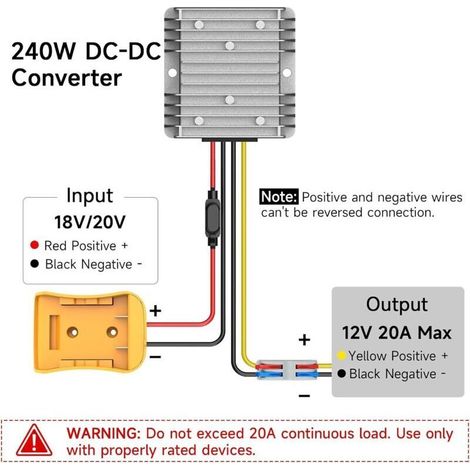 Convertisseur de tension abaisseur 20 V à 12 V - Compatible avec la batterie DeWalt 20 V, l'adaptateur de batterie Power Wheel, le régulateur de tension abaisseur 12 V CC avec fusible 30 A et borne. (1/3)