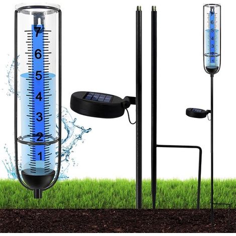 Pluviomètre d'extérieur - Pluviomètre de jardin - Éclairage solaire - Verre résistant au gel - Compteur d'eau de pluie avec piquet de fixation - Indicateur de niveau d'eau - Décoration pour pelouse, c (1/5)