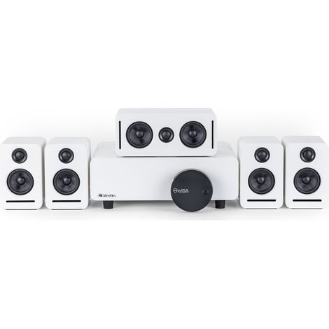 Système home cinéma sans fil 5.1 Dolby Atmos, son WiSA certifié basse latence, compatible TV connectées et Xbox, format compact pour salon, blanc CHICFURN (1/5)