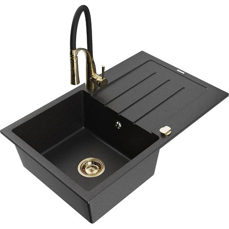 Mexen Bruno lavello in granito a 1 vasca con sgocciolatoio e miscelatore da cucina Aster, nero/argento metallizzato (1/5)