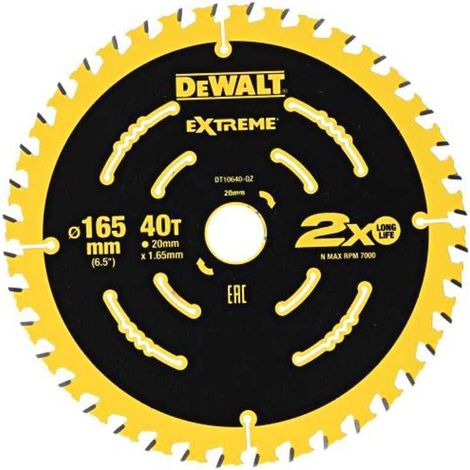 Lame de scie circulaire Ø165 x 20 mm DEWALT EXTREME DT10640-QZ 40T ATB 5°