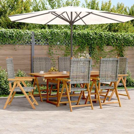 Ensemble repas de jardin 7 pièces en acacia et résine tressée, 6 chaises grises, table extensible, 77.7kg - PANGIVO (1/5)