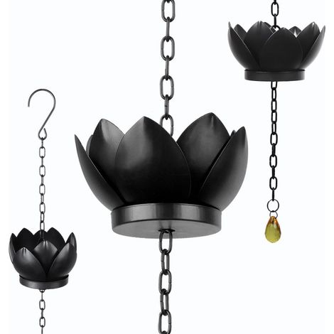 Cadena metálica para lluvia de 1,28 m con 5 copas de loto, ajustable para drenaje y decoración (interior/exterior).