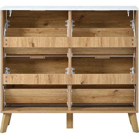 Meuble à chaussures à abattant imitation bois, quatre portes, grande capacité, plateau effet marbre, panneaux de porte gaufrés 3D, pieds coniques en bois massif, meuble de rangement d'entrée (1/5)
