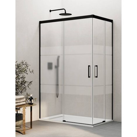 BASIC corner entry shower enclosure with two sliding doors and two fixed panels, 130x75 cm, Frost screen-printed glass, black finish