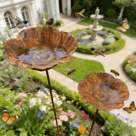 Lot de 2 mangeoires à oiseaux en métal fleur rouillé, décor de jardin vintage, abreuvoir pour oiseaux, piquets extérieur pour pelouse et terrasse