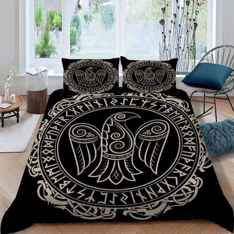 Bettwäsche-Set 4-teilig Wikinger Krähe 135x200 cm mit Reißverschluss
