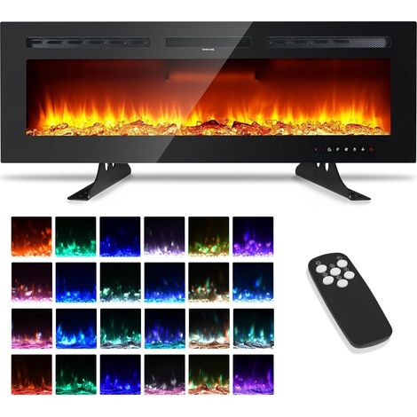 Lunsy – Cheminée électrique 127 cm avec chauffage 1800 W – 12 modes de couleur – Effet de flamme LED – Montage mural noir