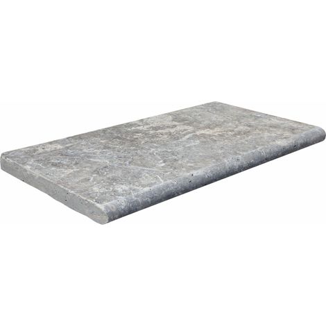 Margelle travertin 3cm – Silver – 33x61cm bord rond vieilli – Pour tours de piscine et escaliers extérieurs