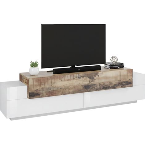 Mobile porta TV Teo, Credenza bassa da soggiorno, Base porta televisione, 100% Made in Italy, cm 200x45h52, Bianco lucido e Acero