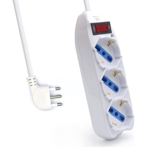 Multipresa a 3 Posti, Ciabatta Elettrica con 3 Prese Schuko/Tedesche e Italiane 10A/16A - Spina Italiana 10A - Potenza 250V/2500W - Cavo da 1,5 Metri, Prese Angolate a 45°