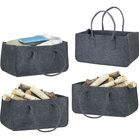 Set of 4 Relaxdays Felt Firewood Basket, Portable Magazine Holder, Wood Bin H x W x D: 25 x 25 x 50 cm, Anthracite