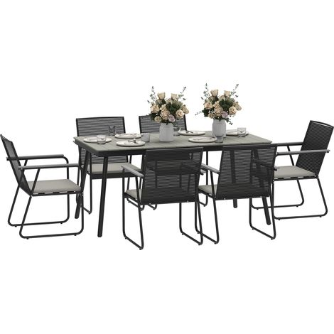 Outsunny 6 Seater Garden Dining Set with Soft Cushions, Rattan Backrest, Rectangular Plastic Top, Garden Furniture Set, Outdoor Dining Table and Chairs for Patio, Balcony, Poolside, Grey (1/5)