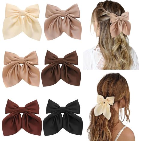 Conjunto de 6 piezas de accesorios para el cabello de mujer que incluye lazos, pinzas para el cabello con lazos, accesorios para el cabello con lazos de satén sedoso y diademas de colores neutros. (1/3)
