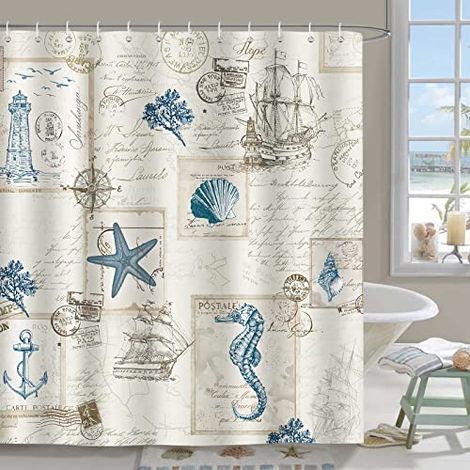 Rideau de douche nautique côtier, vintage, océan, plage, coquillages, hippocampe, phare, décoration de salle de bain, 180 x 200 cm, rideau de bain en polyester imperméable avec 12 crochets (1/4)