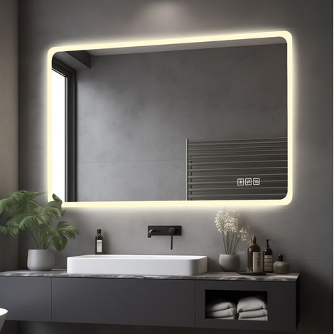 MODFU – Espejo LED de baño 111x71 cm con iluminación frontal, antivaho, 3 temperaturas e IP44 – Plata (1/5)