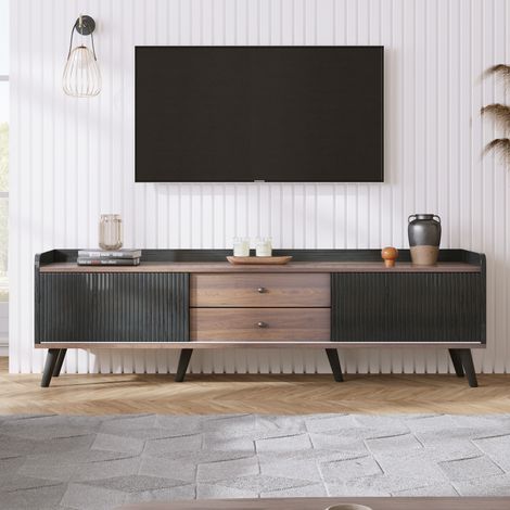 URBAN MEUBLE Meuble TV effet bois et noir avec 2 tiroirs au central et 2 portes coulissantes H58/L160/P40cm (1/5)