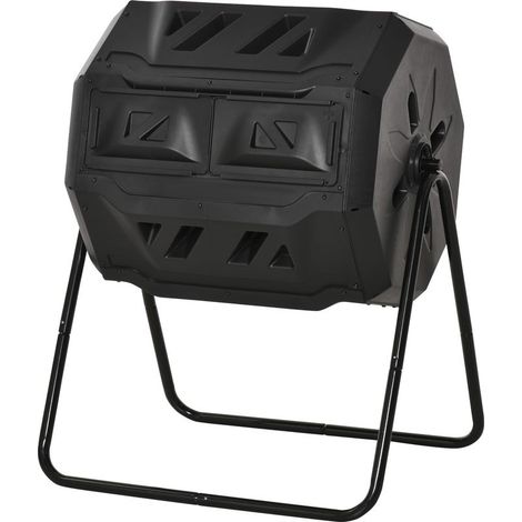 Composteur de jardin rotatif à 2 compartiments avec 8 aérations, composteur domestique en acier et polypropylène, 160 L, pour le compostage des déchets organiques, 71 x 65 x 96 cm, noir (1/5)
