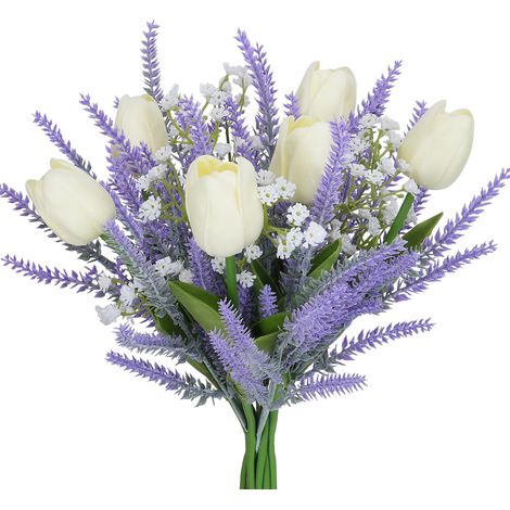 Bouquet de fleurs artificielles violettes en faux plastique avec des tulipes blanches, composition florale printanière