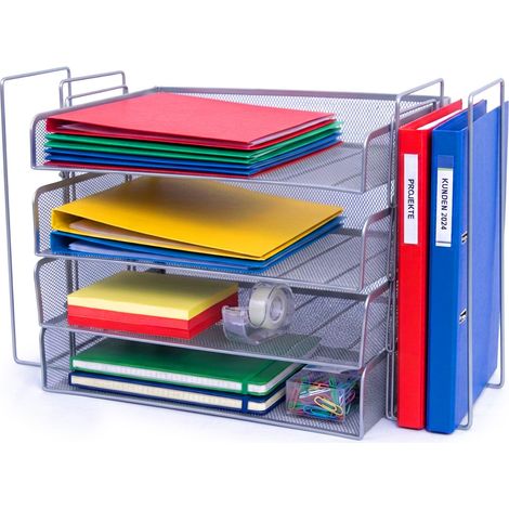 Relaxdays Briefablage, Metall, A4, 4 Fächer, 2 Stehsammler, HxBxT: 30 x 49,5 x 24,5 cm, Schreibtisch Organizer, silber