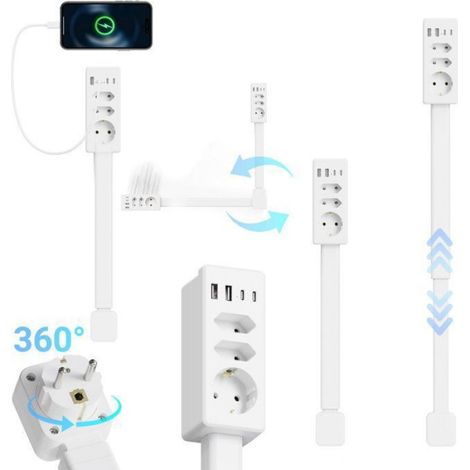 Multiprise Électrique - 1500 W - 3 Prises - 2 USB-A + 2 USB-C - Câble Rétractable 47 à 67 cm - Charge Rapide 20 W - Blanc (1/5)