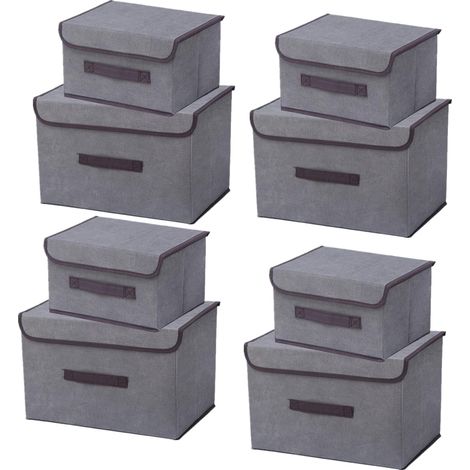 8 Boîte de rangement tissu avec couvercle, pliable, pour vêtements et jouets, gris