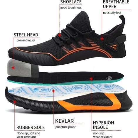 Calzado de seguridad AIDUCHO para hombre y mujer con puntera de acero, zapatillas de seguridad ligeras y cómodas, calzado de trabajo resistente a golpes y pinchazos, color negro - Talla 39 (1/4)