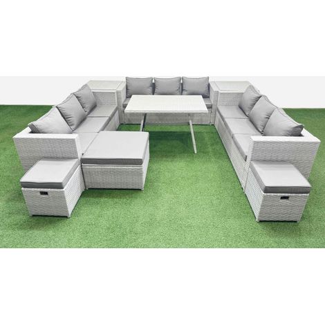 Fimous 12 Seat Outdoor Patio PE Rattan Garden Furniture with Cushions 3 Seater Sofa 2 Side Tables 3 Stool Light Grey (1/4)