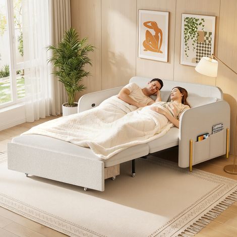 Schlafsofa, 2-Sitzer, integrierte Ladeschnittstelle, 2 Kissen, 2 Seitentaschen, Chaiselongue, Schaumstoffpolsterung, 147 x 82 x 87 cm, Beige (1/4)