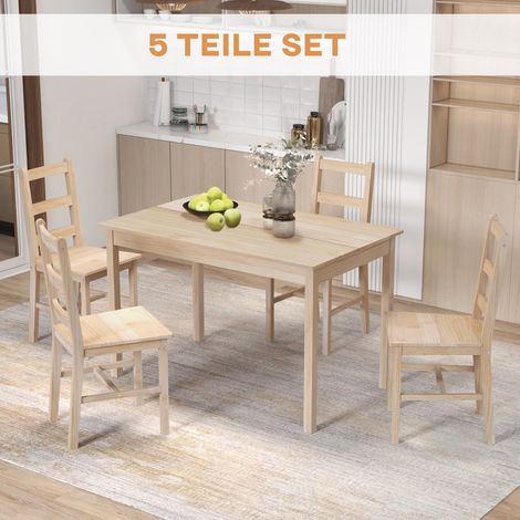 Ensemble de salle à manger 5 pièces table et chaises en bois massif, 118x73x75 cm, teinte naturelle (1/5)