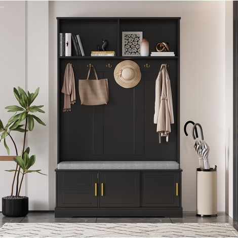 Perchero con banco zapatero independiente, 6 ganchos triples, 120 x 40 x 191 cm, negro OKMYHOME (1/5)