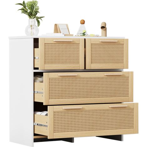 Cómoda de 4 cajones en ratán natural y MDF, color natural y blanco, con amplio espacio de almacenaje para dormitorio, salón o recibidor, práctica y decorativa  CHICFURN (1/5)