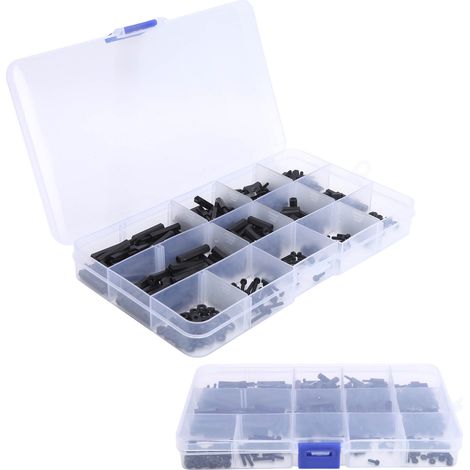 Kit d'assortiment de 320 entretoises hexagonales M2 en nylon mâle-femelle avec vis et écrous. (1/5)