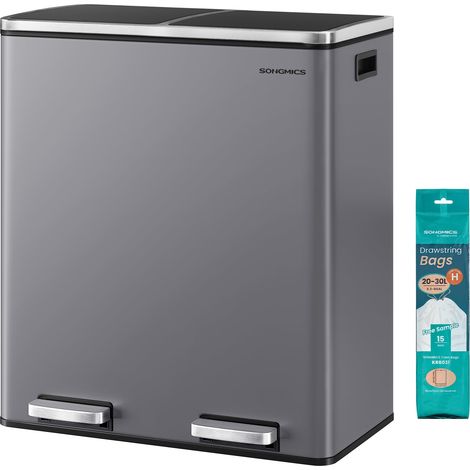Poubelle à Double Compartiment 2 x 30 L, avec 15 Sacs Poubelles, Pédales en Métal, 2 Seaux Intérieurs en Plastique, Couvercles, Poignées, Fermeture en Douceur, Gris Ardoise (1/5)