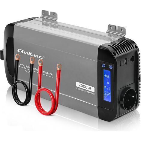 Convertidor de voltaje de onda sinusoidal pura Qoltec  12V a 230V  1000/2000W  LCD  USB  USB-C  Compatible con LiFePO4 GEL (1/5)